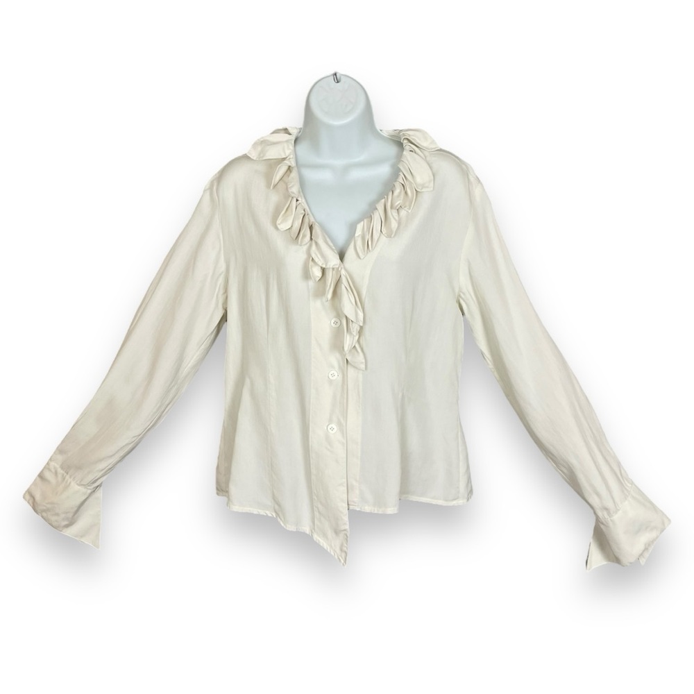 Workers for Freedom Silk Blouse Vintage Asymmetrical Cream White Petal Neckline‎